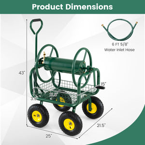 Garden Hose Reel Cart 300 Feet Large Capacity with 4 Wheels and Storage Basket-Green