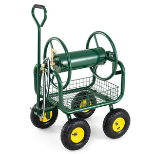 Garden Hose Reel Cart 300 Feet Large Capacity with 4 Wheels and Storage Basket-Green