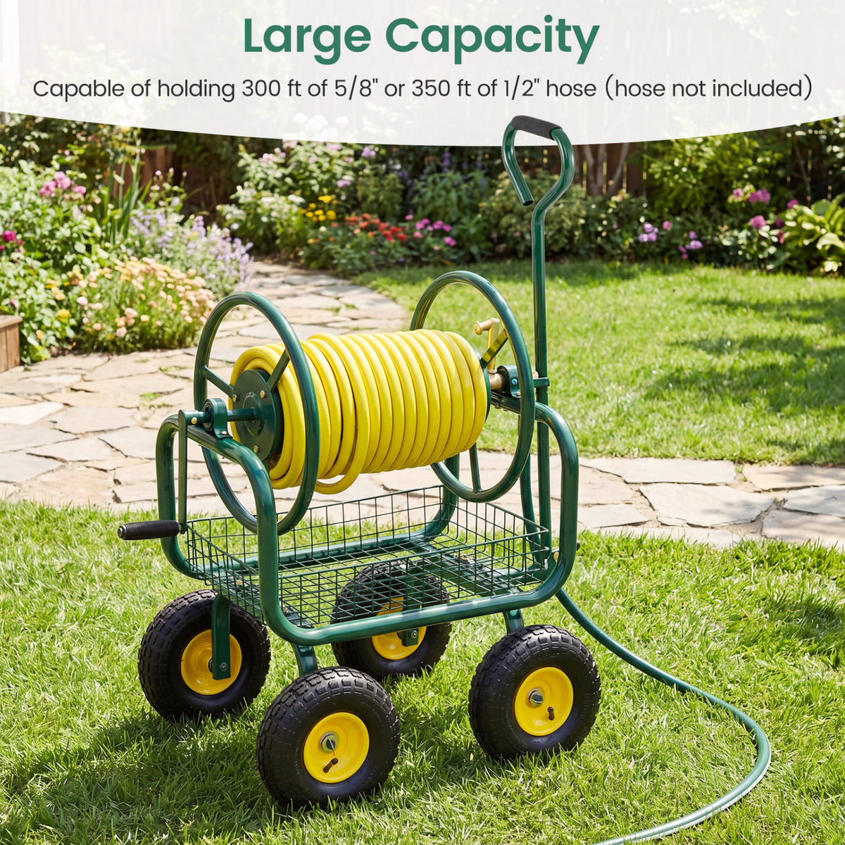 Garden Hose Reel Cart 300 Feet Large Capacity with 4 Wheels and Storage Basket-Green