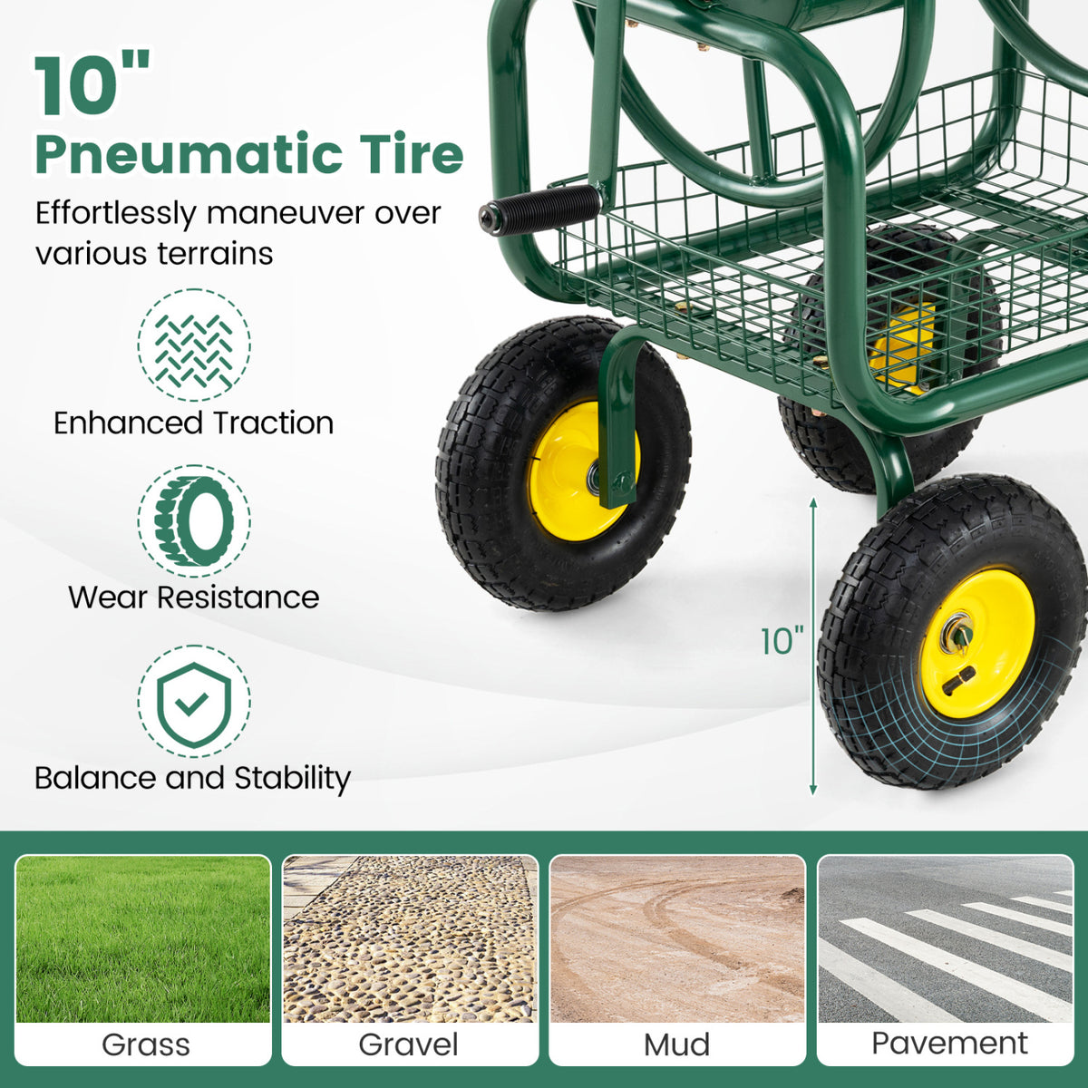 Garden Hose Reel Cart 300 Feet Large Capacity with 4 Wheels and Storage Basket-Green