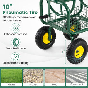 Garden Hose Reel Cart 300 Feet Large Capacity with 4 Wheels and Storage Basket-Green