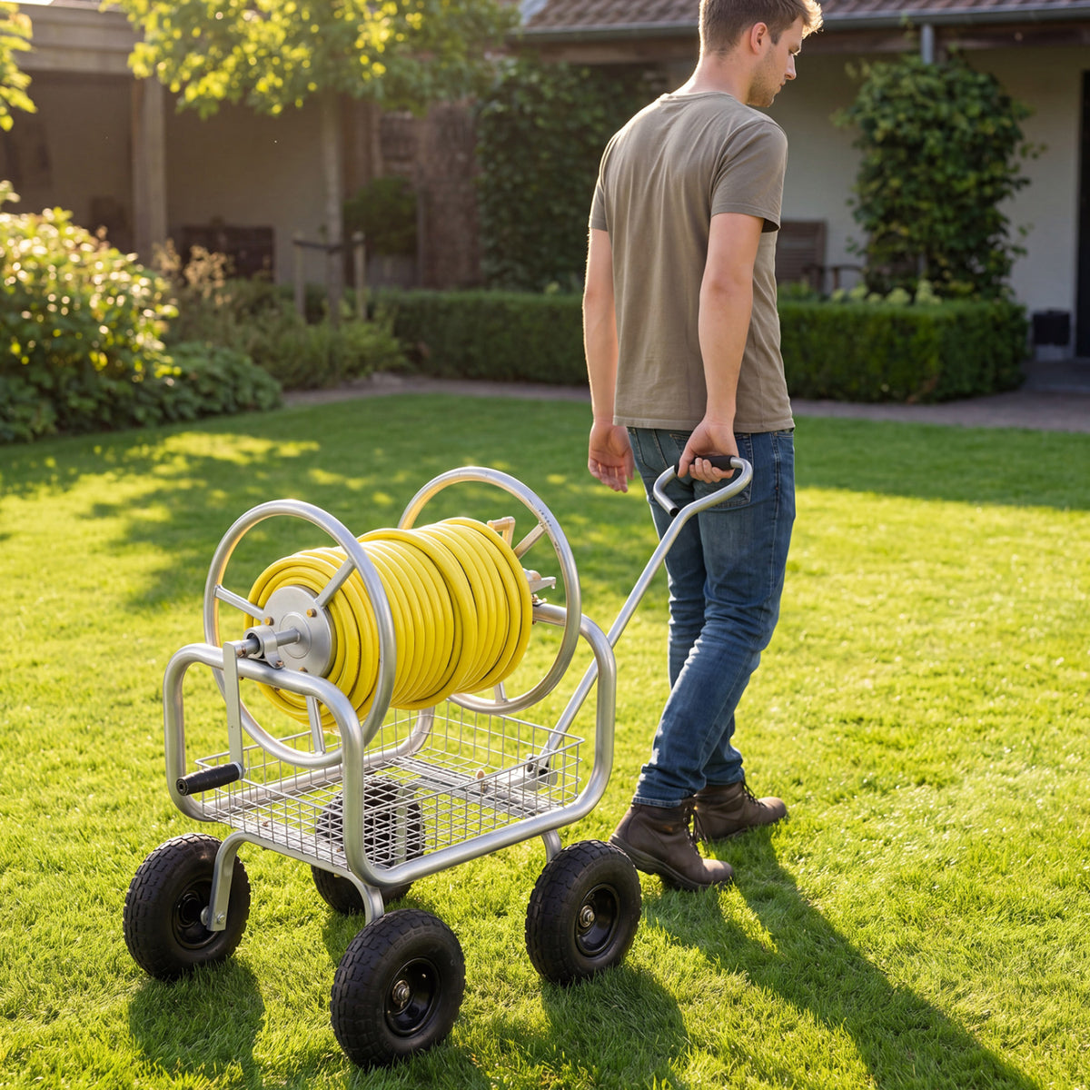Garden Hose Reel Cart 300 Feet Large Capacity with 4 Wheels and Storage Basket-Silver
