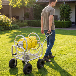 Garden Hose Reel Cart 300 Feet Large Capacity with 4 Wheels and Storage Basket-Silver
