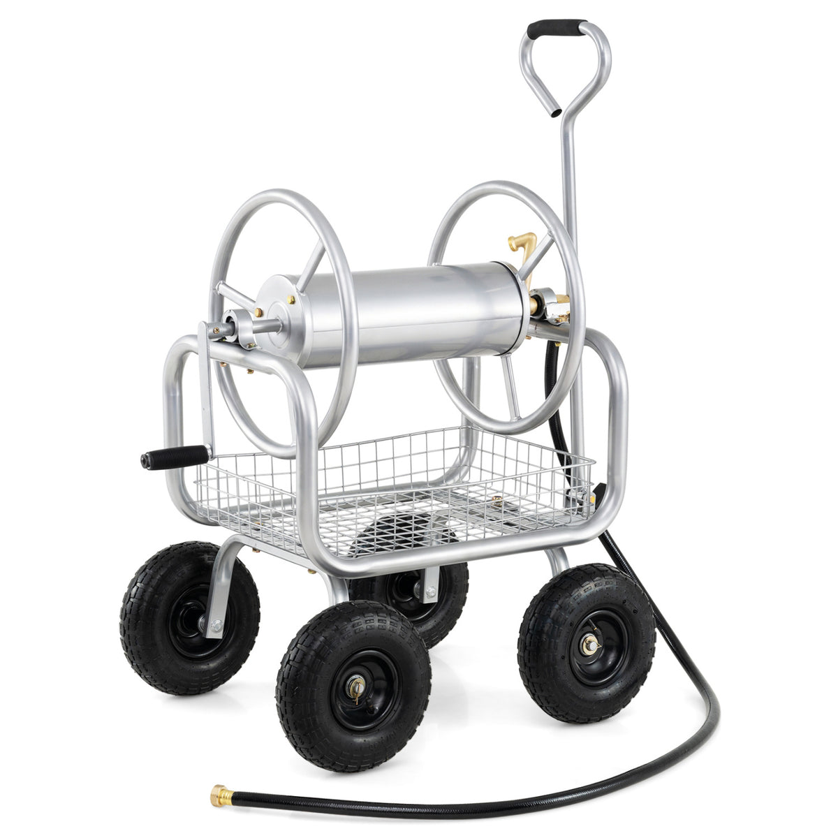 Garden Hose Reel Cart 300 Feet Large Capacity with 4 Wheels and Storage Basket-Silver
