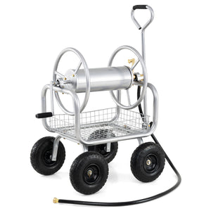 Garden Hose Reel Cart 300 Feet Large Capacity with 4 Wheels and Storage Basket-Silver