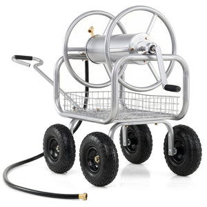 Garden Hose Reel Cart 300 Feet Large Capacity with 4 Wheels and Storage Basket-Silver