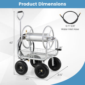 Garden Hose Reel Cart 300 Feet Large Capacity with 4 Wheels and Storage Basket-Silver