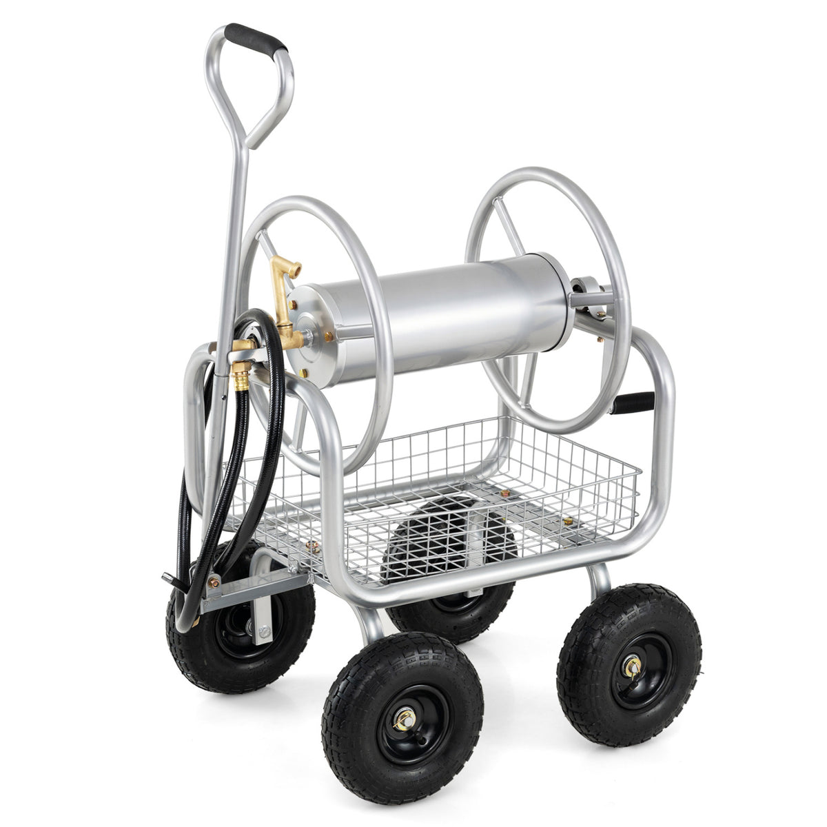 Garden Hose Reel Cart 300 Feet Large Capacity with 4 Wheels and Storage Basket-Silver