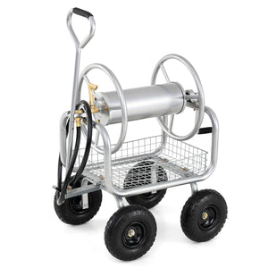 Garden Hose Reel Cart 300 Feet Large Capacity with 4 Wheels and Storage Basket-Silver