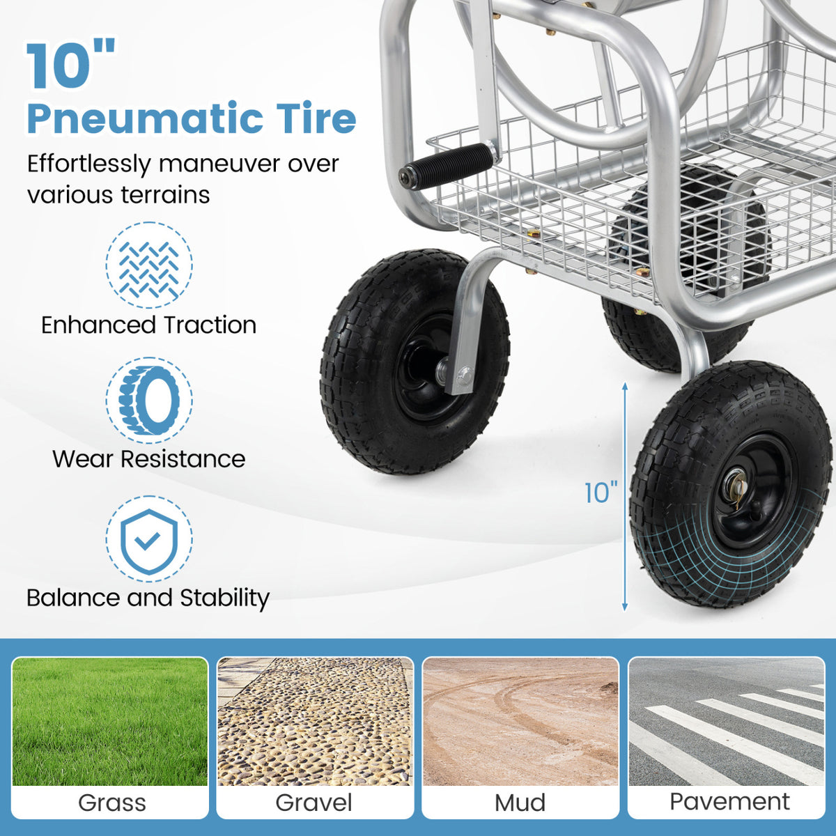 Garden Hose Reel Cart 300 Feet Large Capacity with 4 Wheels and Storage Basket-Silver