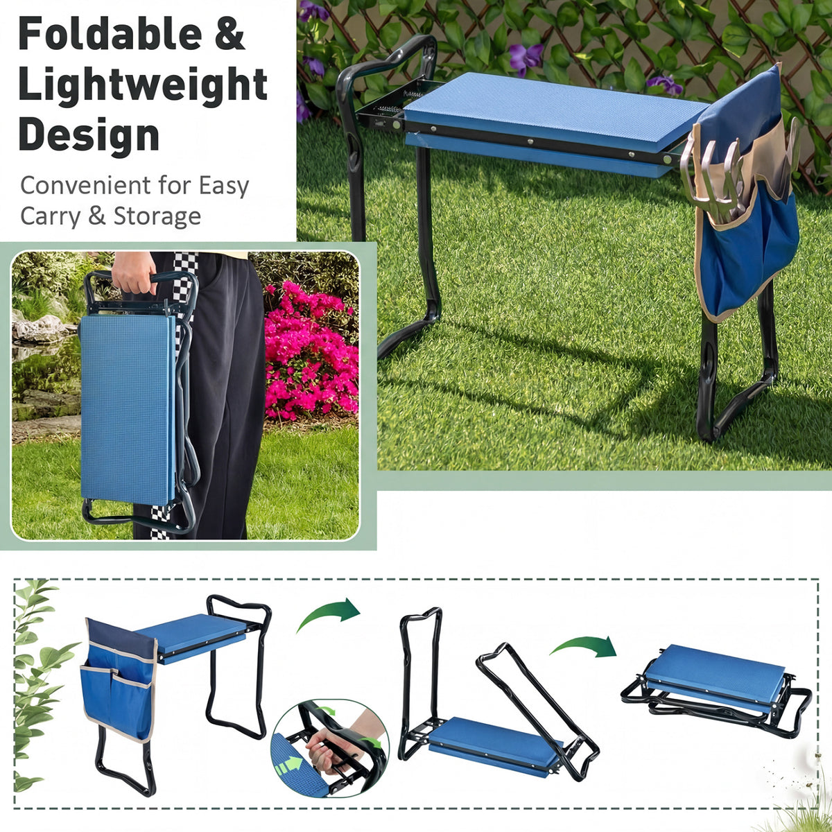 Garden Kneeler and Seat Folding Sturdy Gardening Stool-Blue