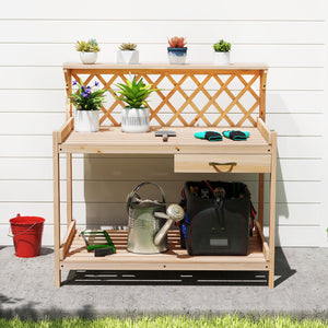 Garden Potting Bench Table Wooden Planting Workstation with Lattice Trellis