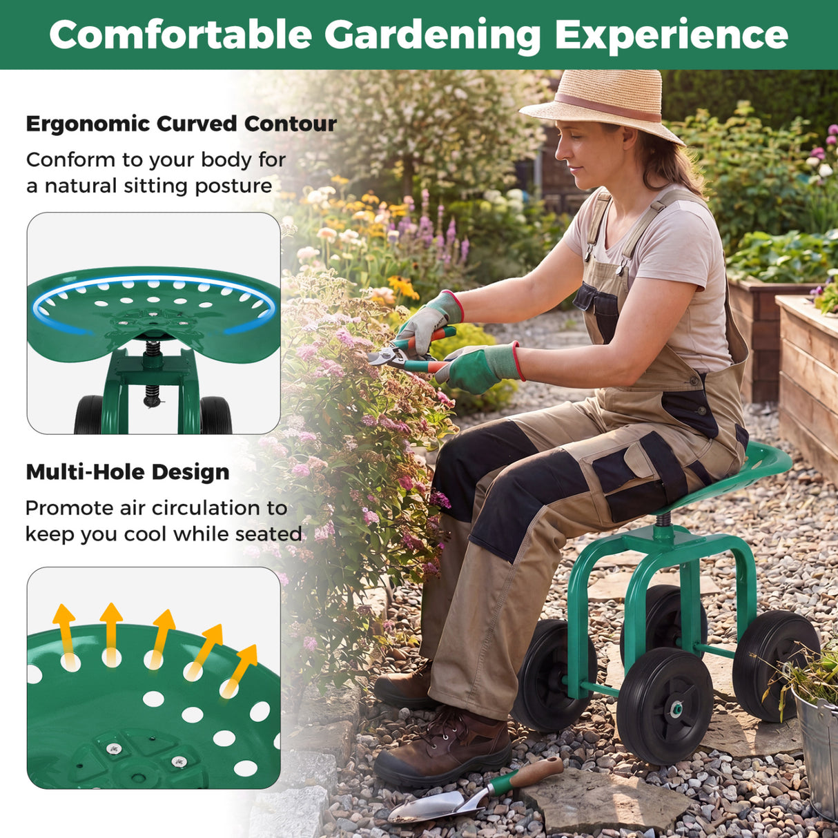 Garden Rolling Workseat with 360 °Swivel Seat and Adjustable Height-Green