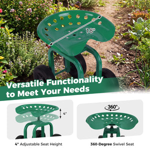 Garden Rolling Workseat with 360 °Swivel Seat and Adjustable Height-Green
