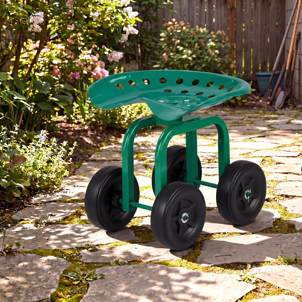 Garden Rolling Workseat with 360 °Swivel Seat and Adjustable Height-Green