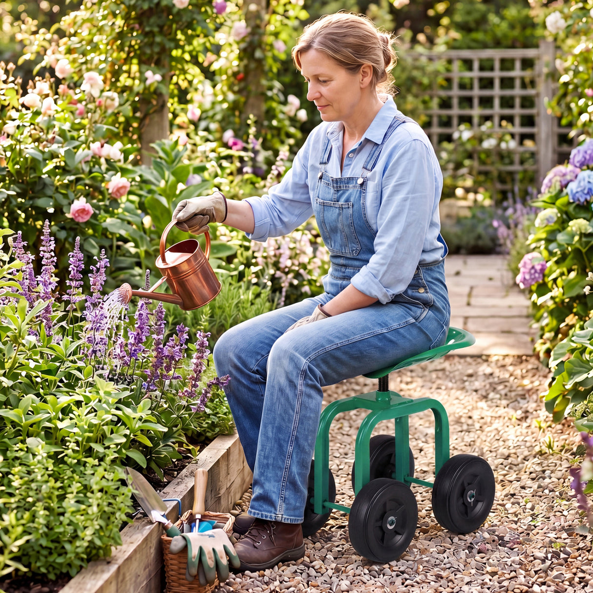 Garden Rolling Workseat with 360 °Swivel Seat and Adjustable Height-Green