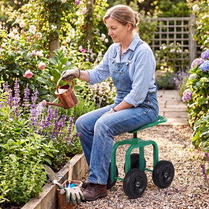 Garden Rolling Workseat with 360 °Swivel Seat and Adjustable Height-Green