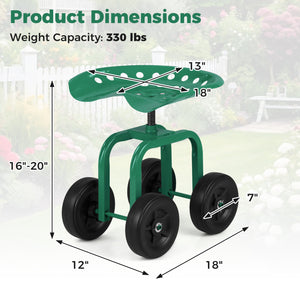 Garden Rolling Workseat with 360 °Swivel Seat and Adjustable Height-Green