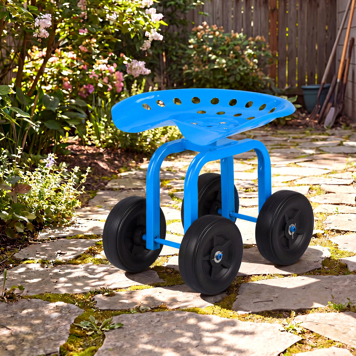 Garden Rolling Workseat with 360 ° Swivel Seat and Adjustable Height-Blue