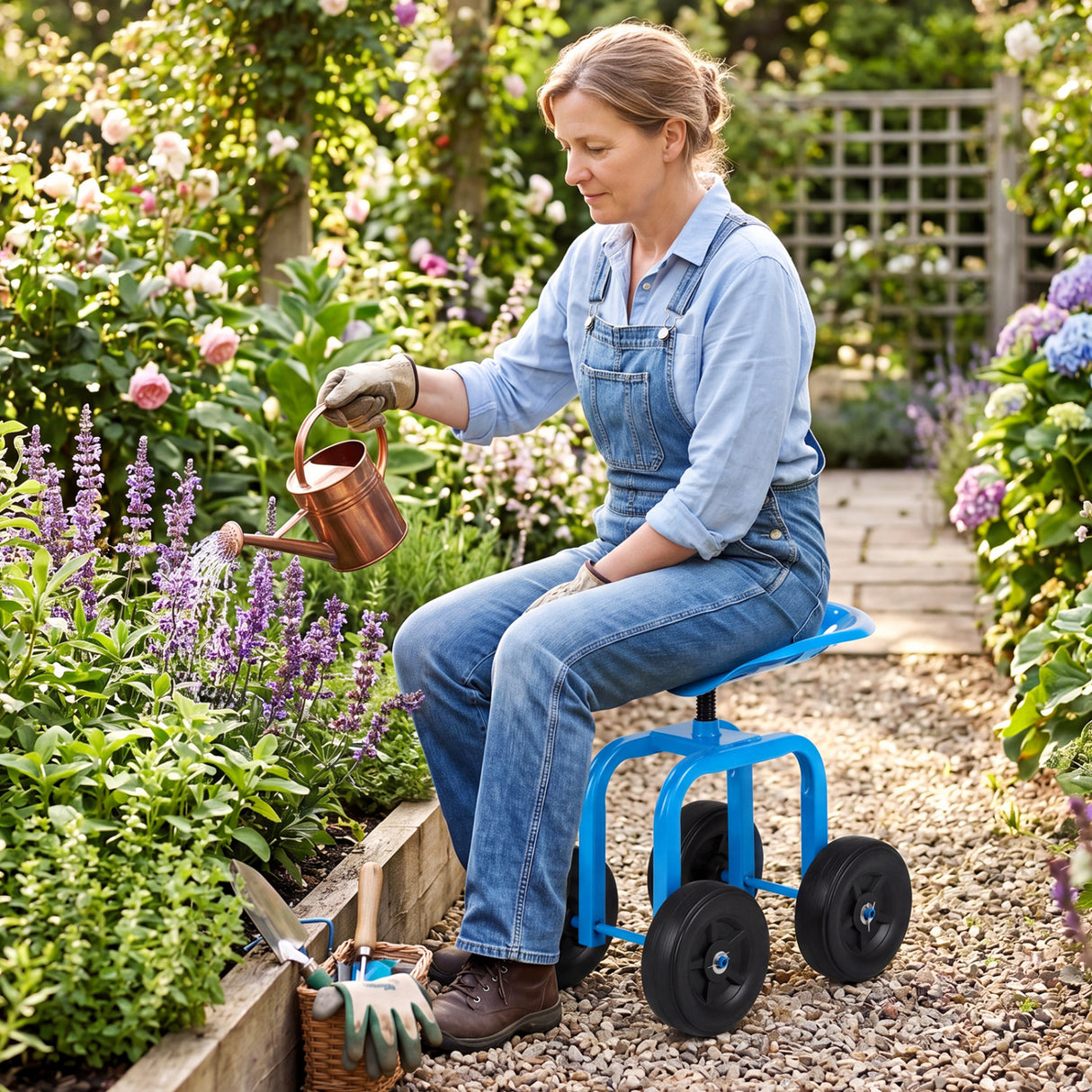 Garden Rolling Workseat with 360 ° Swivel Seat and Adjustable Height-Blue