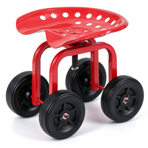 Garden Rolling Workseat with 360 ° Swivel Seat and Adjustable Height-Red