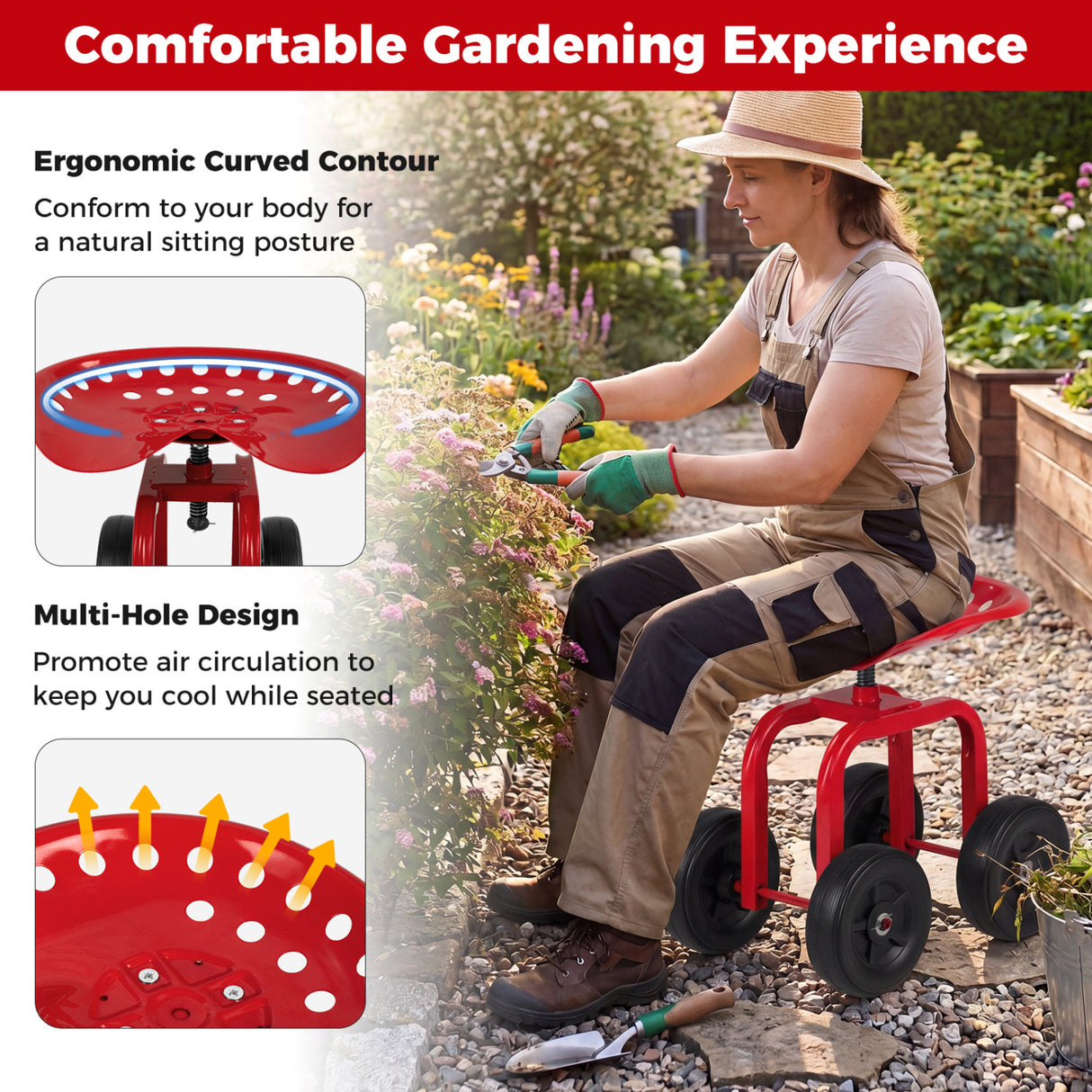 Garden Rolling Workseat with 360 ° Swivel Seat and Adjustable Height-Red