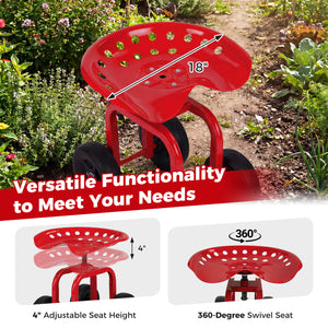 Garden Rolling Workseat with 360 ° Swivel Seat and Adjustable Height-Red