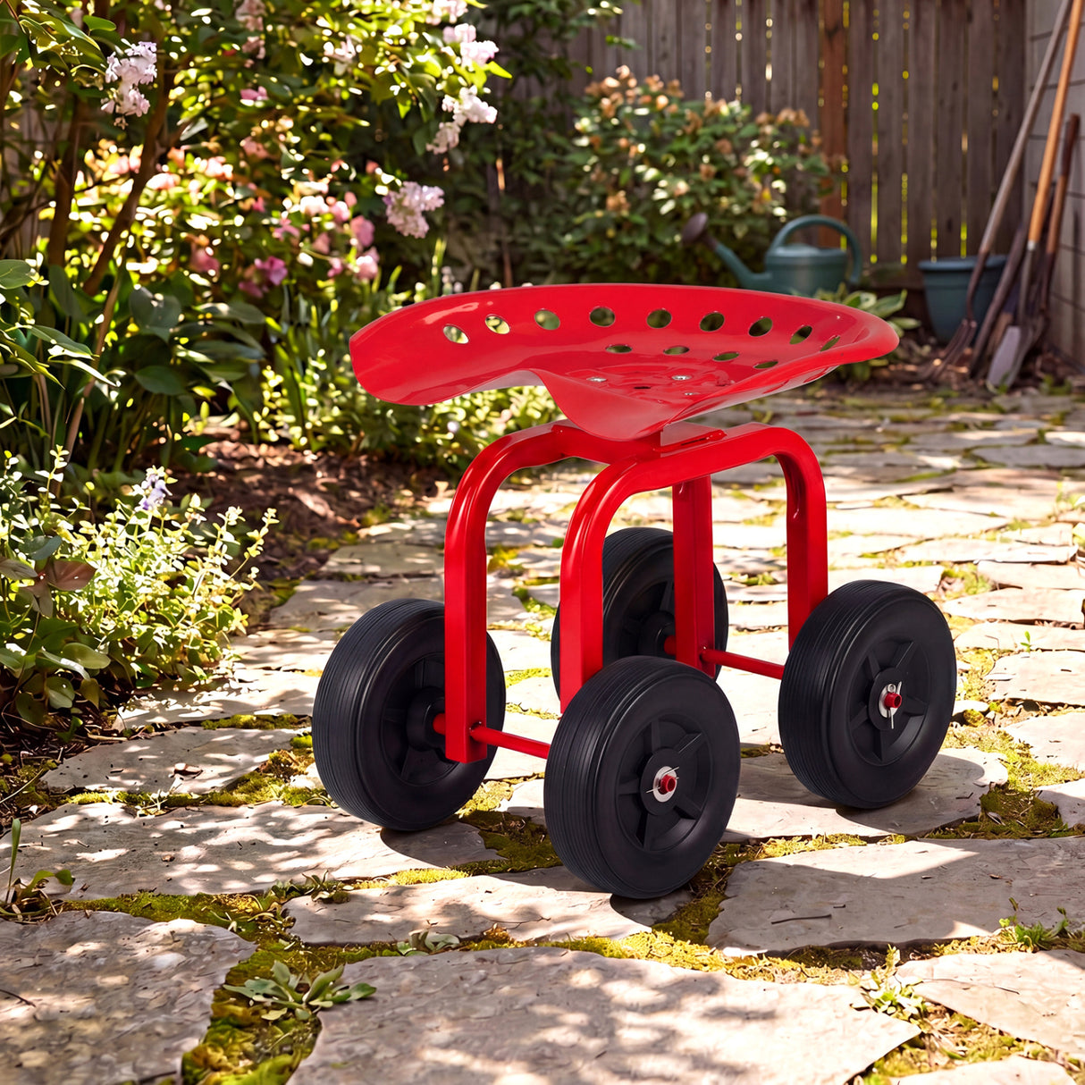Garden Rolling Workseat with 360 ° Swivel Seat and Adjustable Height-Red