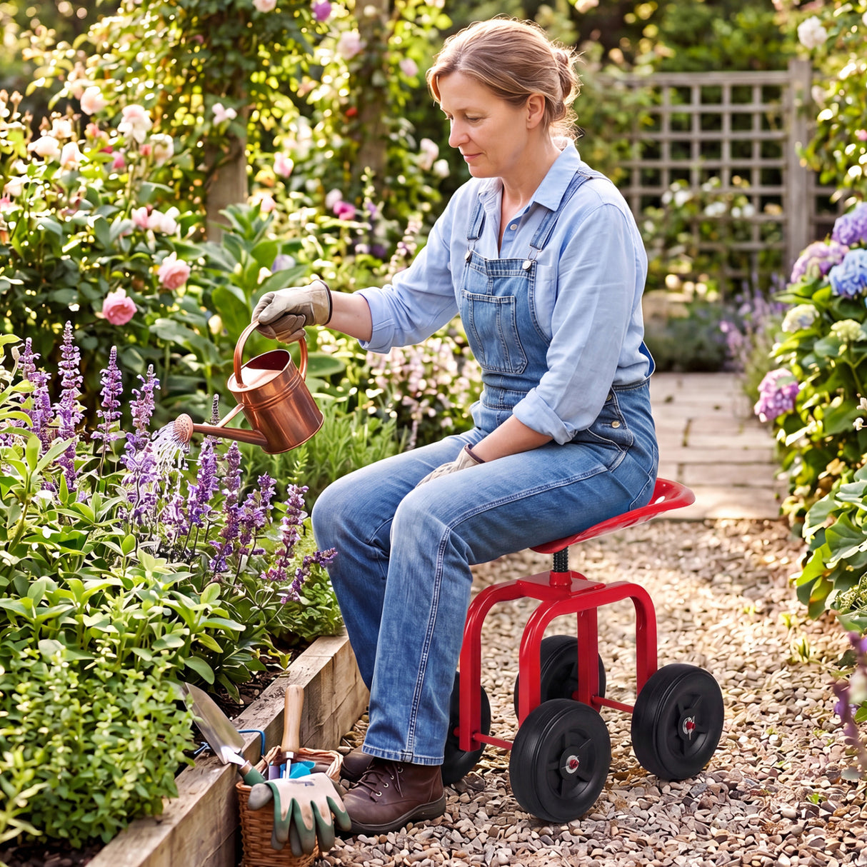 Garden Rolling Workseat with 360 ° Swivel Seat and Adjustable Height-Red