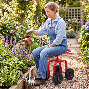 Garden Rolling Workseat with 360 ° Swivel Seat and Adjustable Height-Red