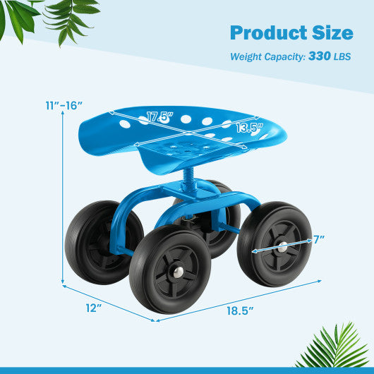 Garden Rolling Workseat with 360 ° Swivel Seat and Adjustable Height-Blue