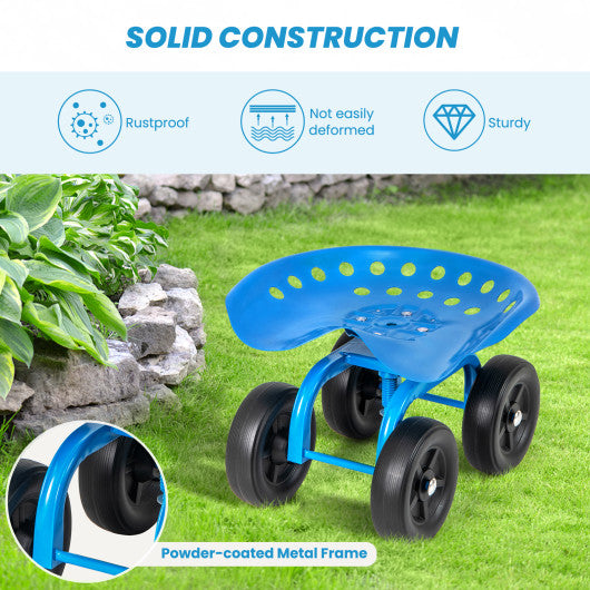Garden Rolling Workseat with 360 ° Swivel Seat and Adjustable Height-Blue