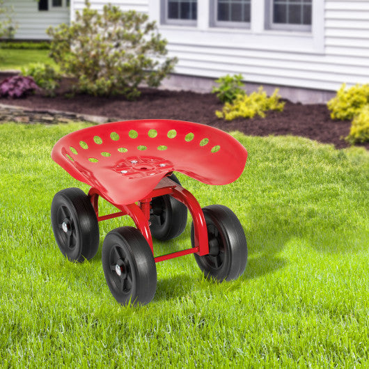 Garden Rolling Workseat with 360 ° Swivel Seat and Adjustable Height-Red