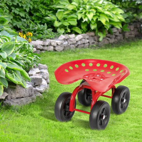 Garden Rolling Workseat with 360 ° Swivel Seat and Adjustable Height-Red
