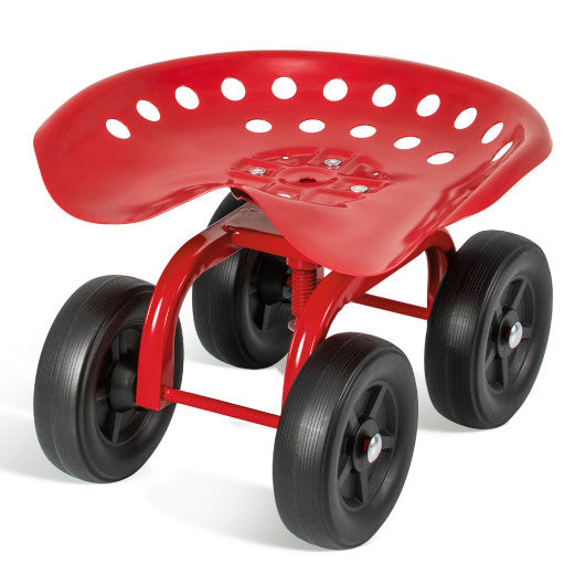 Garden Rolling Workseat with 360 ° Swivel Seat and Adjustable Height-Red