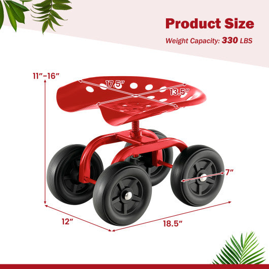 Garden Rolling Workseat with 360 ° Swivel Seat and Adjustable Height-Red