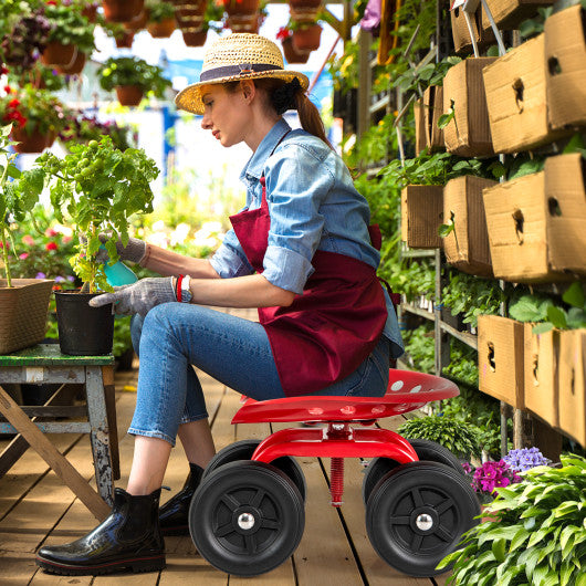 Garden Rolling Workseat with 360 ° Swivel Seat and Adjustable Height-Red