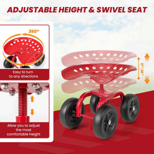 Garden Rolling Workseat with 360 ° Swivel Seat and Adjustable Height-Red