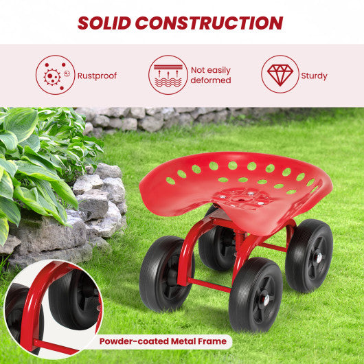 Garden Rolling Workseat with 360 ° Swivel Seat and Adjustable Height-Red