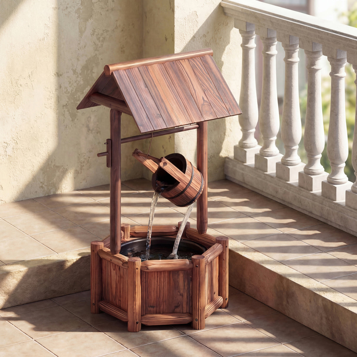 Garden Rustic Wishing Well Wooden Water Fountain with Pump