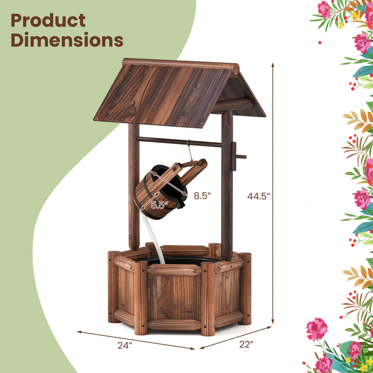 Garden Rustic Wishing Well Wooden Water Fountain with Pump