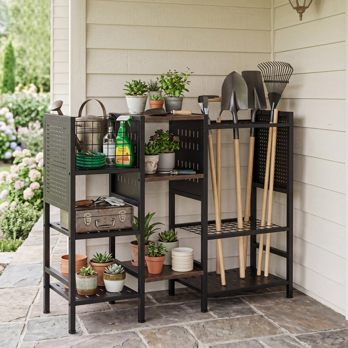 Garden Tool Organizer with Wooden Shelves for Garage and Shed-Black