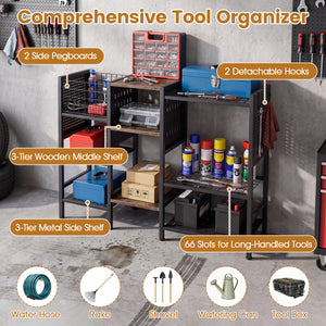 Garden Tool Organizer with Wooden Shelves for Garage and Shed-Black
