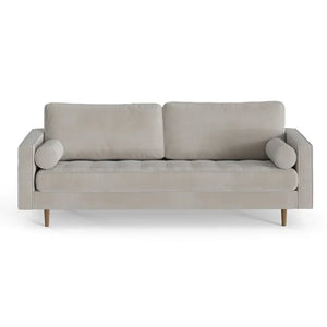 The Geo 84'' Upholstered Sofa is a contemporary piece in light gray, featuring two seat cushions and two large rectangular back cushions. It is designed with cylindrical bolster pillows on each armrest and stands on wooden legs, all set against a white background.
