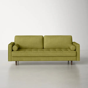 The Geo 84'' Upholstered Sofa is a minimalist olive-green piece with a button-tufted seat and two cylindrical pillows, set against a plain white background. It features wooden legs and boasts a modern design.