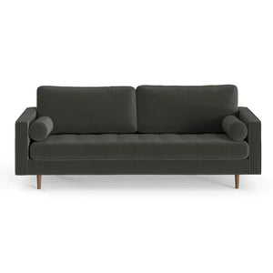 Introducing the Geo 84'' Upholstered Sofa, a contemporary piece in dark green with wooden legs. It boasts a sleek, minimalist design featuring two square back cushions and complemented by cylindrical bolster pillows on each side.