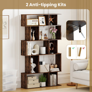 Geometric Bookshelf 5-Tier Bookcase with Open Shelves and Closed-back Cubes-Brown