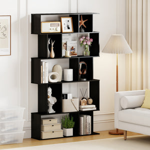 Geometric Bookshelf 5-Tier Bookcase with Open Shelves and Closed-back Cubes-Black