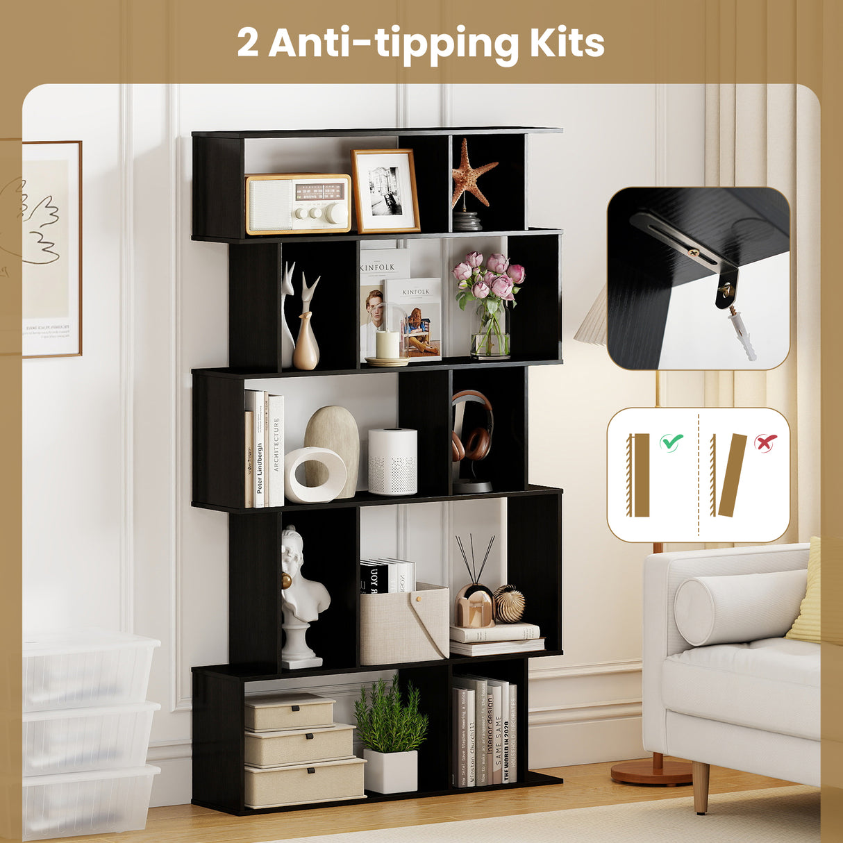 Geometric Bookshelf 5-Tier Bookcase with Open Shelves and Closed-back Cubes-Black