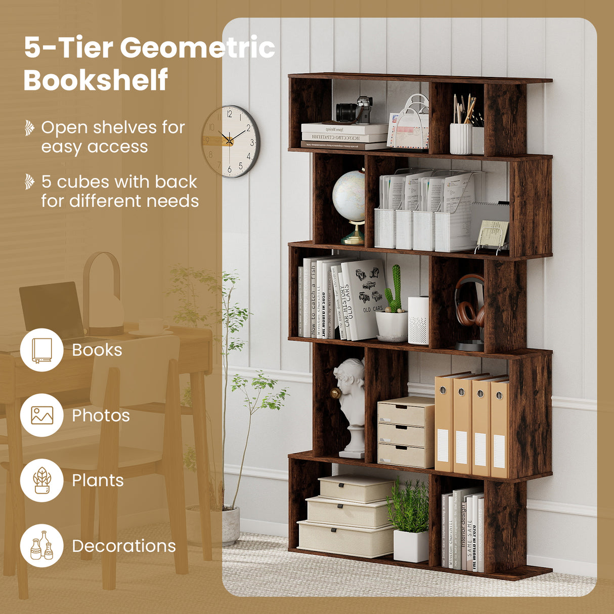 Geometric Bookshelf Set of 2 5-Tier Bookcase with Open Shelves and Closed-back Cubes-Brown
